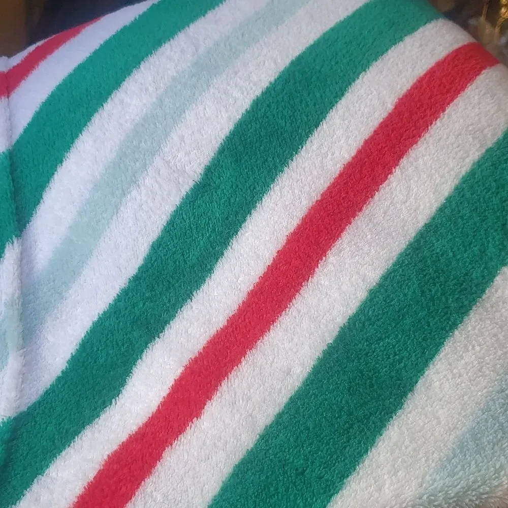Gently Used Fleece Striped Christmas Blanket Throw Red White Green 48